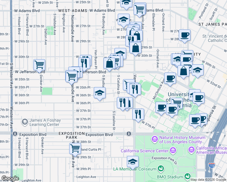map of restaurants, bars, coffee shops, grocery stores, and more near 1201 West 36th Street in Los Angeles