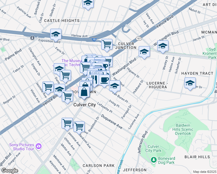 map of restaurants, bars, coffee shops, grocery stores, and more near 3927 Van Buren Place in Culver City