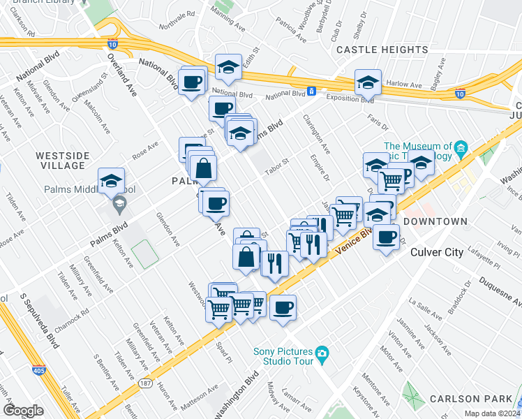 map of restaurants, bars, coffee shops, grocery stores, and more near 3662 Mentone Avenue in Los Angeles