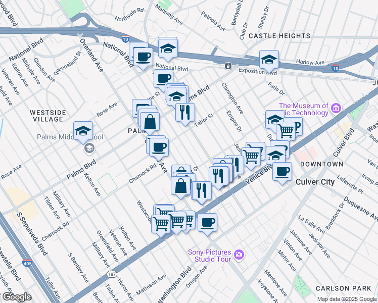 map of restaurants, bars, coffee shops, grocery stores, and more near 3662 Mentone Avenue in Los Angeles