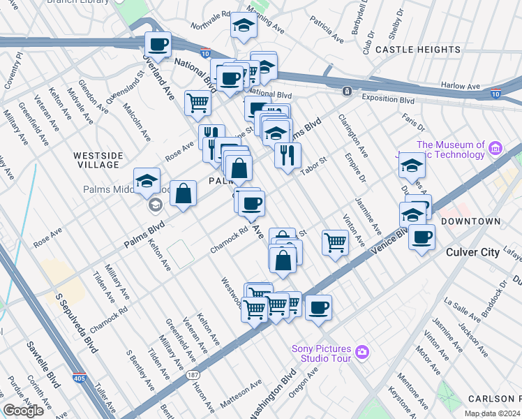 map of restaurants, bars, coffee shops, grocery stores, and more near 3614 Overland Avenue in Los Angeles