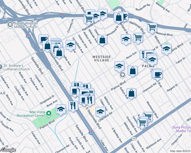 map of restaurants, bars, coffee shops, grocery stores, and more near 10974 Rose Avenue in Los Angeles