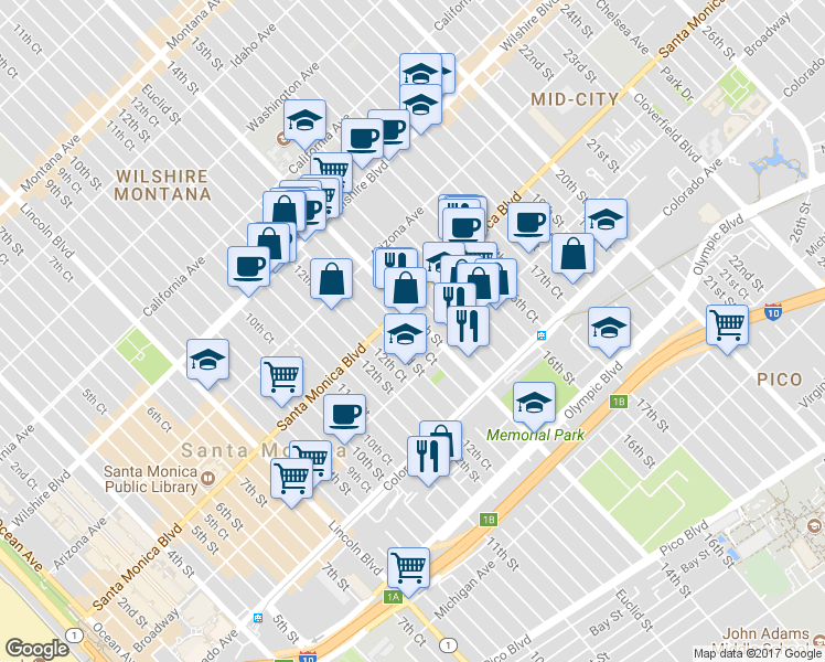 map of restaurants, bars, coffee shops, grocery stores, and more near 1438 14th Street in Santa Monica