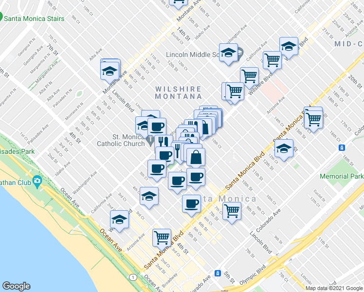 map of restaurants, bars, coffee shops, grocery stores, and more near 829 Wilshire Boulevard in Santa Monica