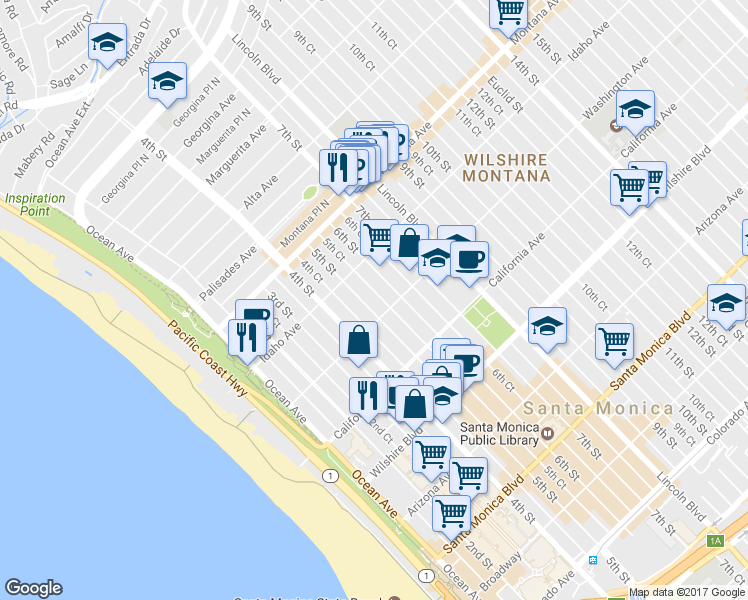 map of restaurants, bars, coffee shops, grocery stores, and more near 930 5th Street in Santa Monica