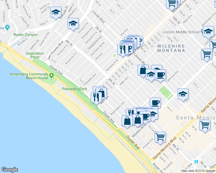 map of restaurants, bars, coffee shops, grocery stores, and more near 837 3rd Street in Santa Monica