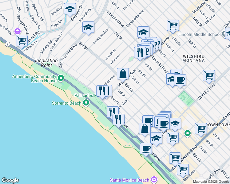 map of restaurants, bars, coffee shops, grocery stores, and more near 801 2nd Street in Santa Monica