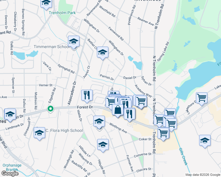 map of restaurants, bars, coffee shops, grocery stores, and more near 15 Creek Manor Lane in Columbia