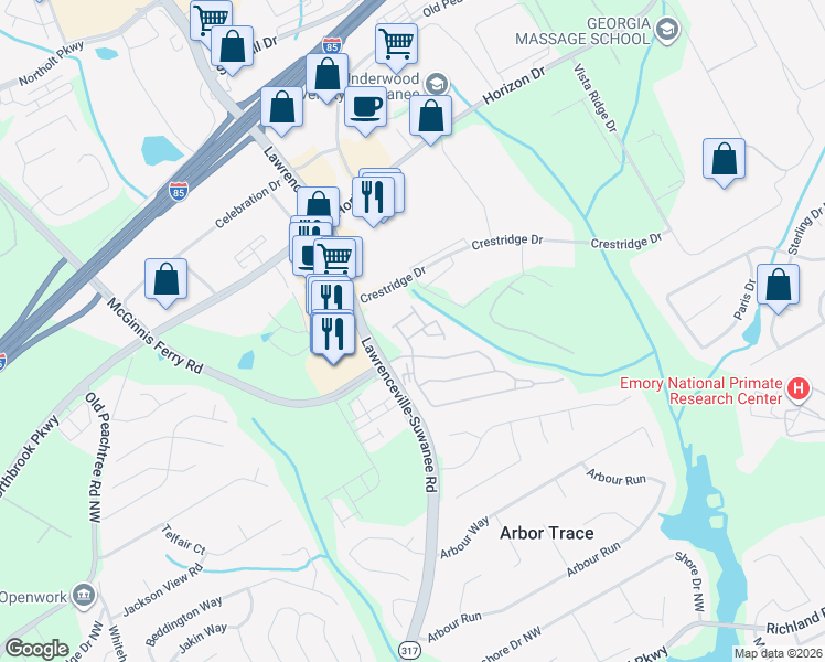 map of restaurants, bars, coffee shops, grocery stores, and more near 2815 Gower Way in Suwanee