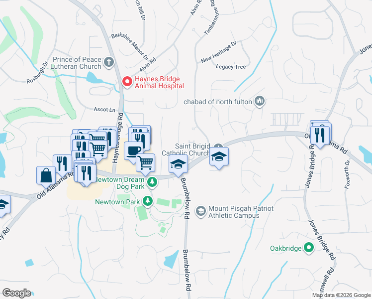 map of restaurants, bars, coffee shops, grocery stores, and more near 9975 Feather Sound Court in Alpharetta