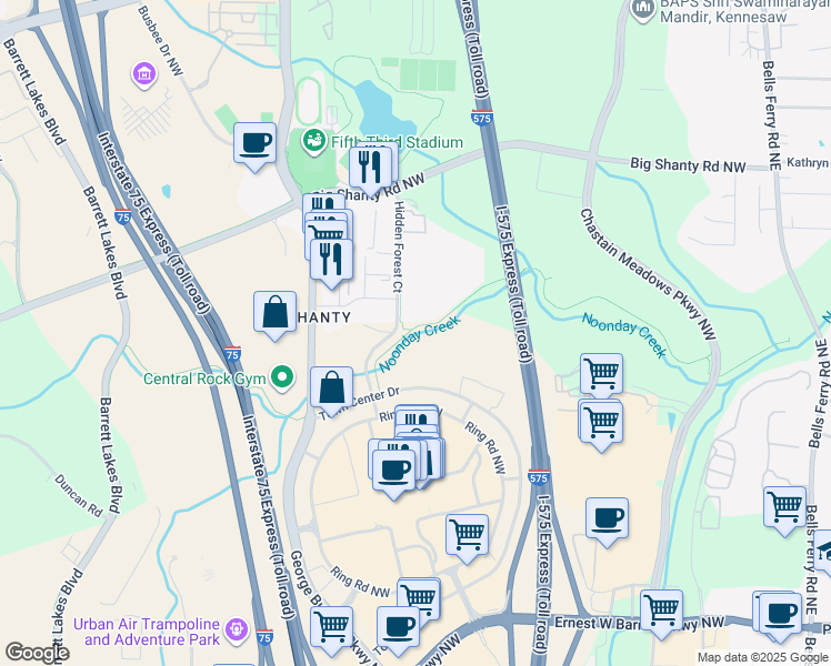map of restaurants, bars, coffee shops, grocery stores, and more near 2927 Hidden Forest Court in Marietta
