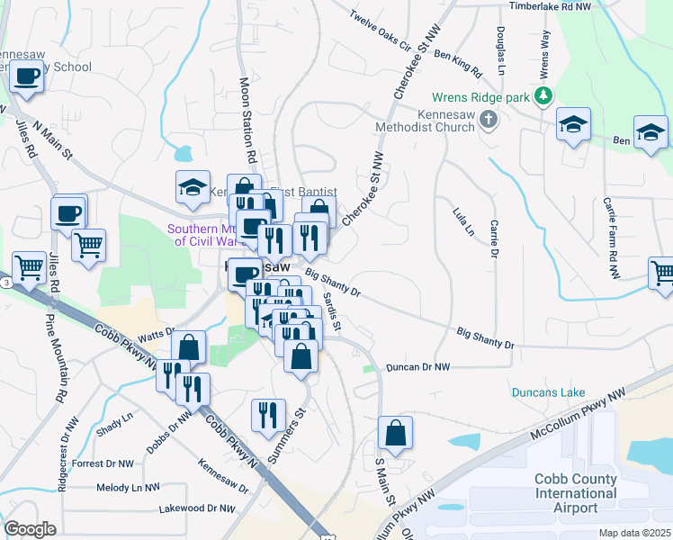 map of restaurants, bars, coffee shops, grocery stores, and more near 2080 Big Shanty Drive in Kennesaw