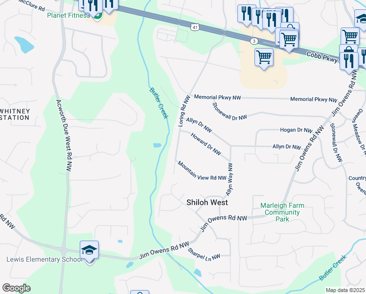map of restaurants, bars, coffee shops, grocery stores, and more near 2824 Loring Road Northwest in Kennesaw
