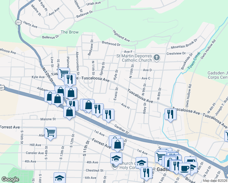 map of restaurants, bars, coffee shops, grocery stores, and more near 1030 Tuscaloosa Avenue in Gadsden