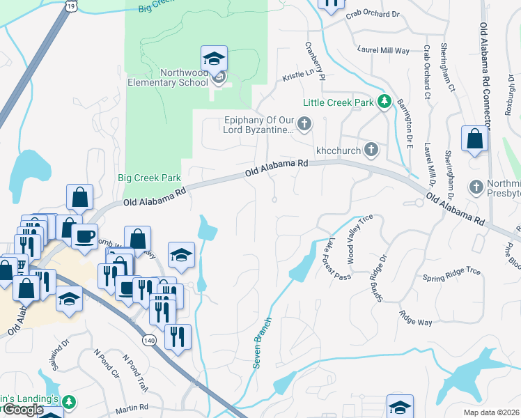map of restaurants, bars, coffee shops, grocery stores, and more near 475 Ansley Drive in Roswell