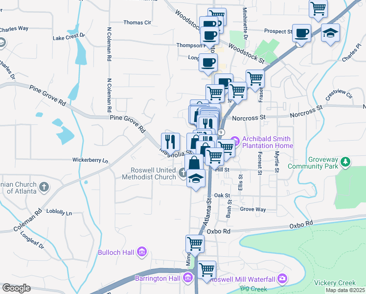map of restaurants, bars, coffee shops, grocery stores, and more near 75 Magnolia Street in Roswell