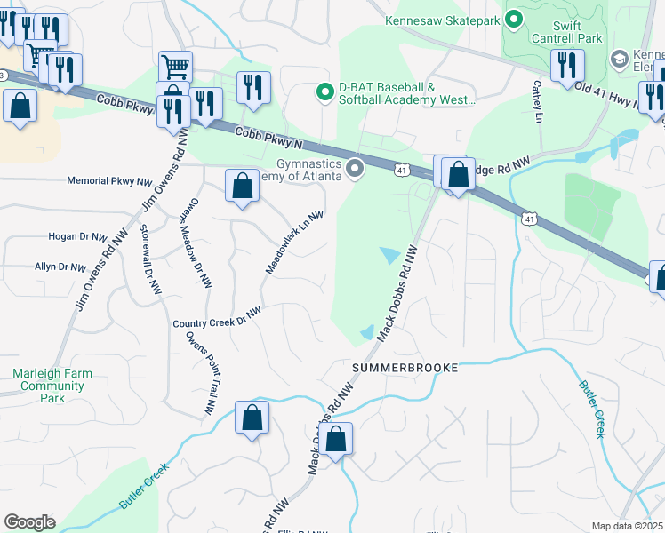 map of restaurants, bars, coffee shops, grocery stores, and more near 3289 Long Meadow Pass Northwest in Kennesaw