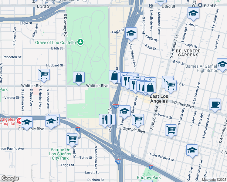 map of restaurants, bars, coffee shops, grocery stores, and more near 4414 Whittier Boulevard in East Los Angeles