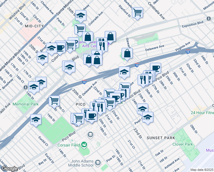 map of restaurants, bars, coffee shops, grocery stores, and more near 1944 Cloverfield Boulevard in Santa Monica