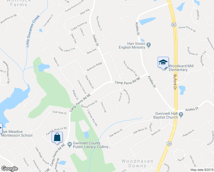 map of restaurants, bars, coffee shops, grocery stores, and more near 735 Camp Perrin Road Northeast in Lawrenceville