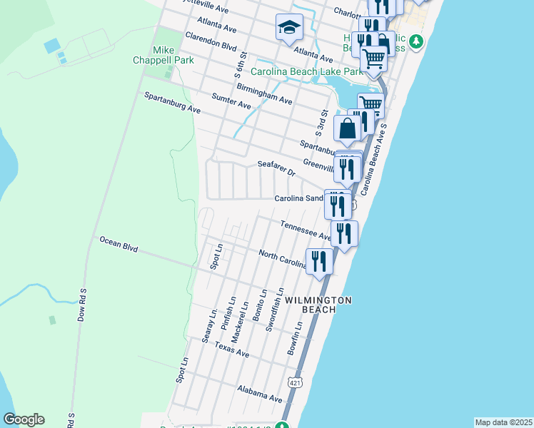 map of restaurants, bars, coffee shops, grocery stores, and more near 602 Tennessee Avenue in Carolina Beach