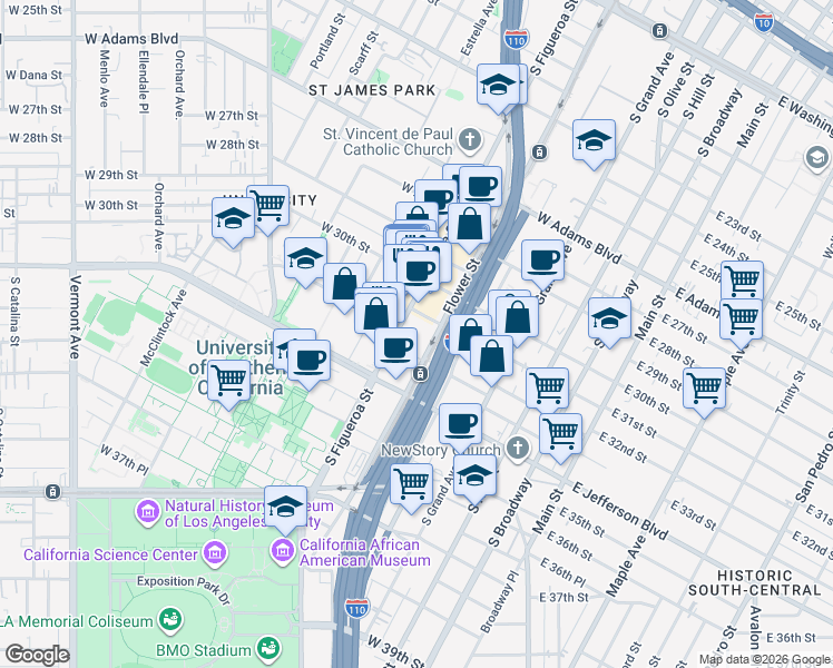 map of restaurants, bars, coffee shops, grocery stores, and more near 503 West 33rd Street in Los Angeles