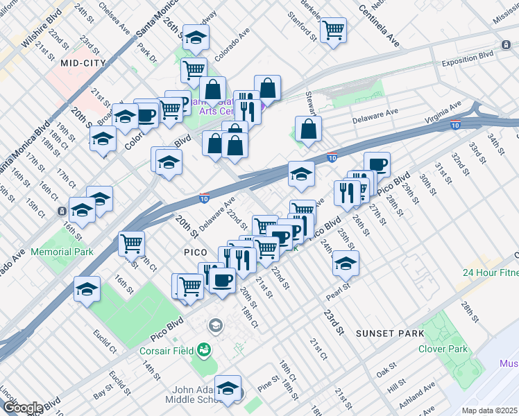 map of restaurants, bars, coffee shops, grocery stores, and more near 1944 Cloverfield Boulevard in Santa Monica