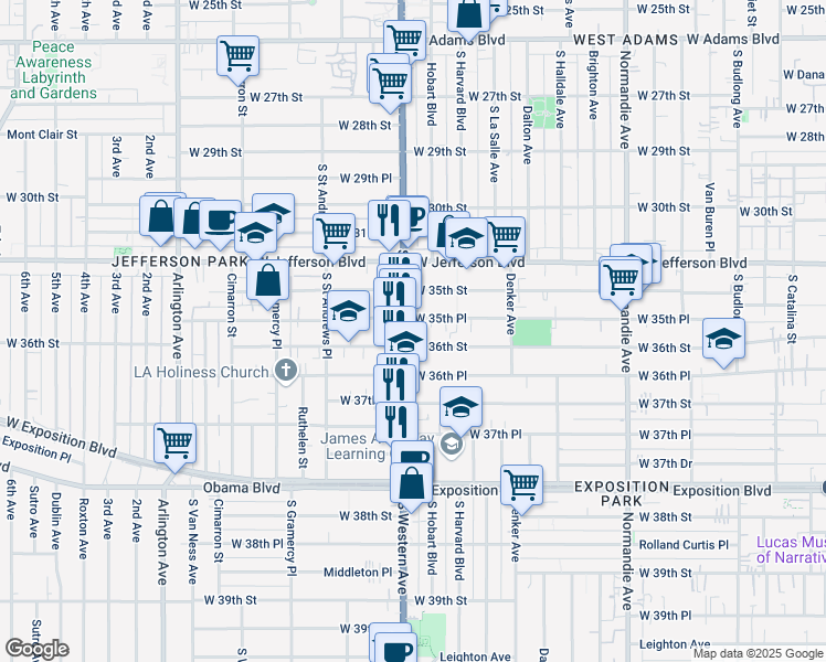 map of restaurants, bars, coffee shops, grocery stores, and more near 1665 West 36th Street in Los Angeles