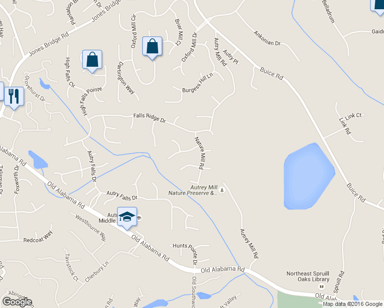 map of restaurants, bars, coffee shops, grocery stores, and more near 320 Falls Point Trail in Alpharetta