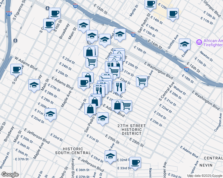 map of restaurants, bars, coffee shops, grocery stores, and more near 717 East 24th Street in Los Angeles