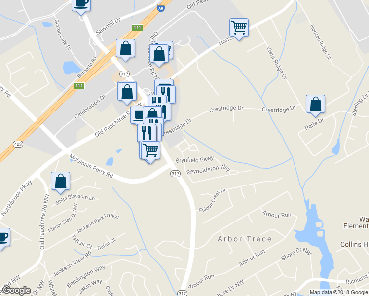 map of restaurants, bars, coffee shops, grocery stores, and more near 2815 Gower Way in Suwanee