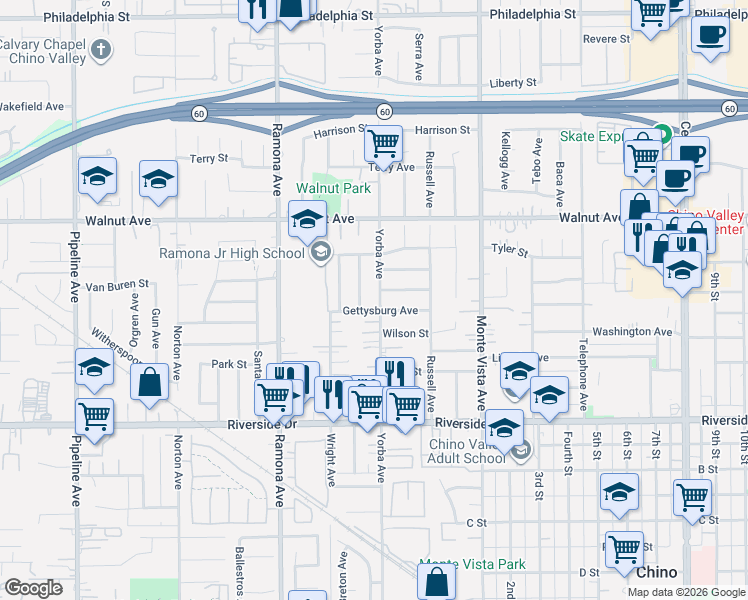 map of restaurants, bars, coffee shops, grocery stores, and more near 4722 Gettysburg Avenue in Chino