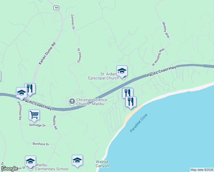 map of restaurants, bars, coffee shops, grocery stores, and more near 28240 Rey De Copas Lane in Malibu