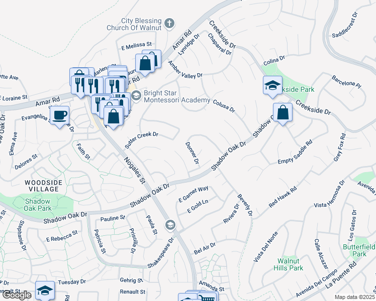 map of restaurants, bars, coffee shops, grocery stores, and more near 636 Donner Drive in Walnut