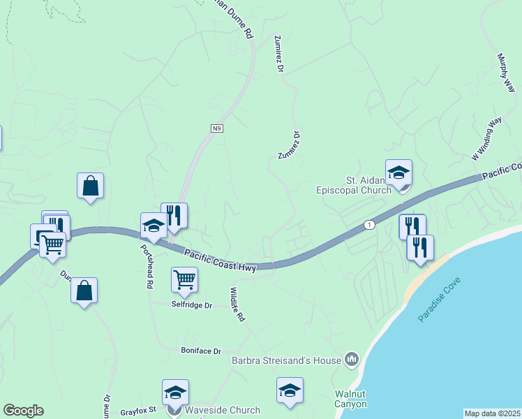 map of restaurants, bars, coffee shops, grocery stores, and more near 6184 Galahad Drive in Malibu