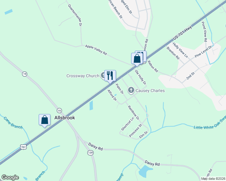 map of restaurants, bars, coffee shops, grocery stores, and more near 134 Palm Drive in Loris
