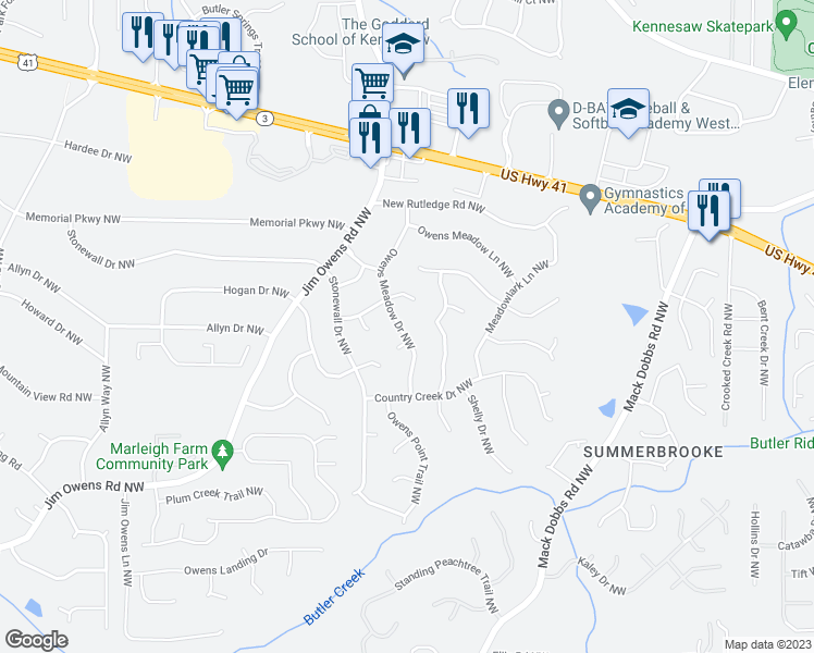 map of restaurants, bars, coffee shops, grocery stores, and more near 2972 Owens Meadow Drive Northwest in Kennesaw
