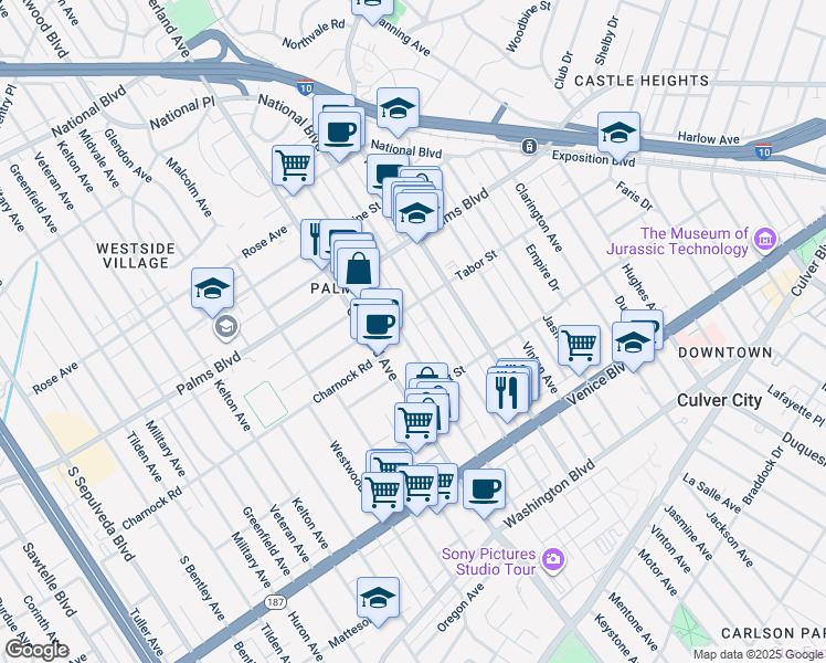 map of restaurants, bars, coffee shops, grocery stores, and more near 3622 Keystone Avenue in Los Angeles
