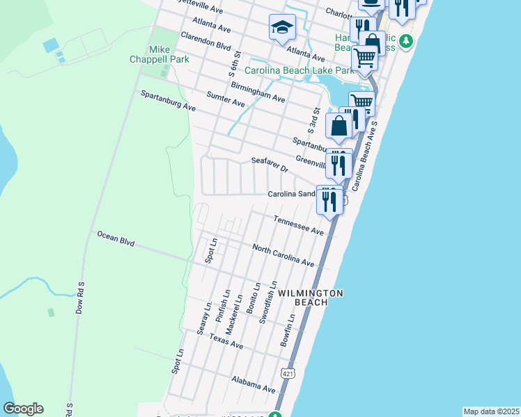 map of restaurants, bars, coffee shops, grocery stores, and more near 602 Tennessee Avenue in Carolina Beach