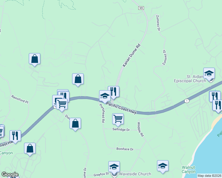 map of restaurants, bars, coffee shops, grocery stores, and more near 28935 West Beach Lane in Malibu