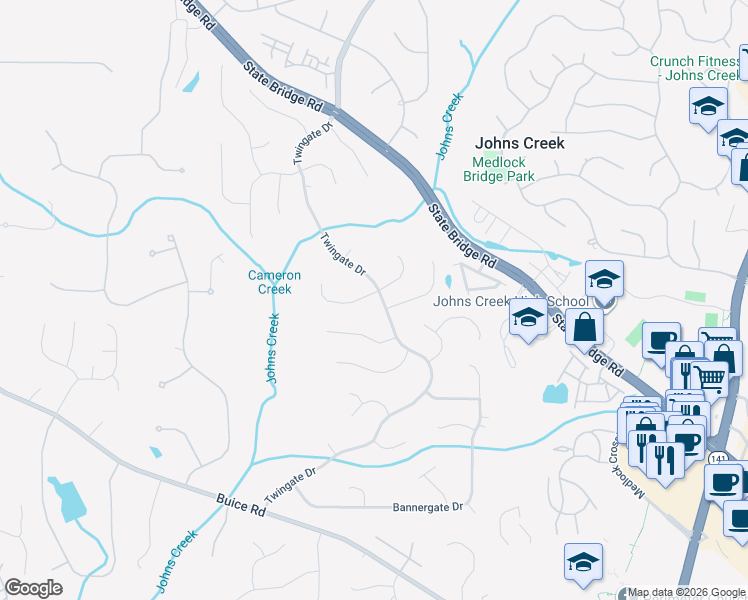 map of restaurants, bars, coffee shops, grocery stores, and more near 10140 Twingate Drive in Alpharetta