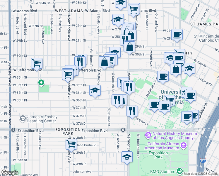 map of restaurants, bars, coffee shops, grocery stores, and more near 1189 West 36th Street in Los Angeles