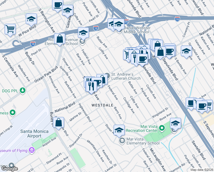 map of restaurants, bars, coffee shops, grocery stores, and more near 11600 National Boulevard in Los Angeles