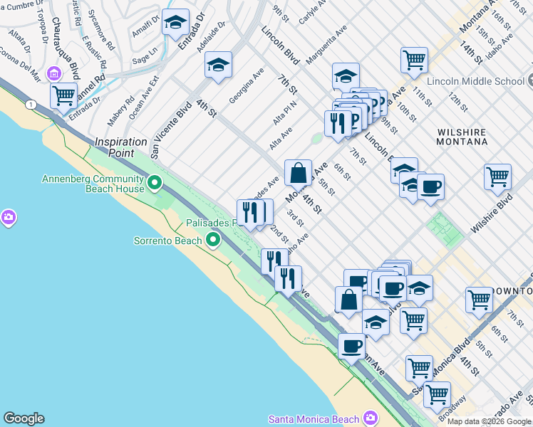 map of restaurants, bars, coffee shops, grocery stores, and more near 203 Montana Avenue in Santa Monica