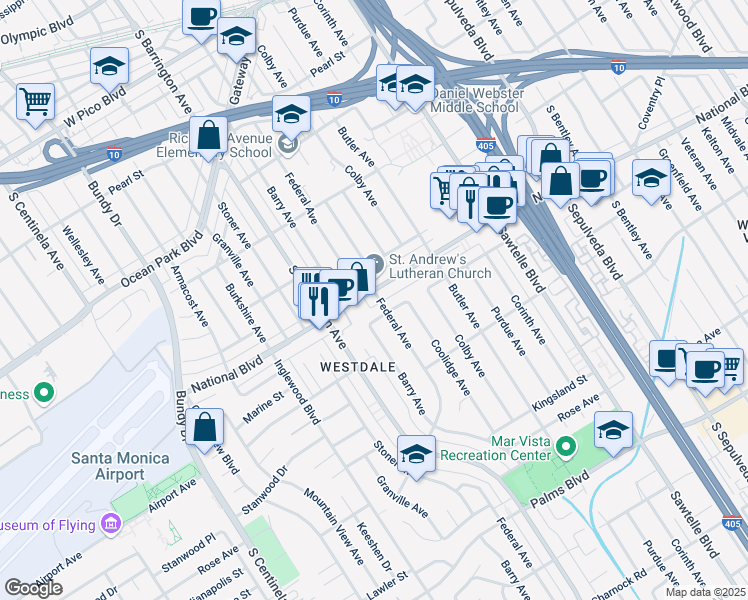 map of restaurants, bars, coffee shops, grocery stores, and more near 11650 National Boulevard in Los Angeles