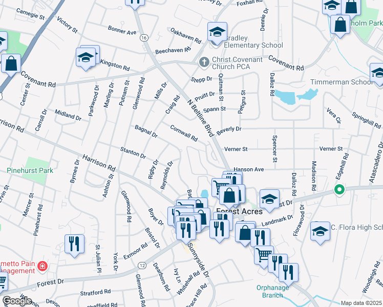 map of restaurants, bars, coffee shops, grocery stores, and more near 14 Quinine Hill in Columbia