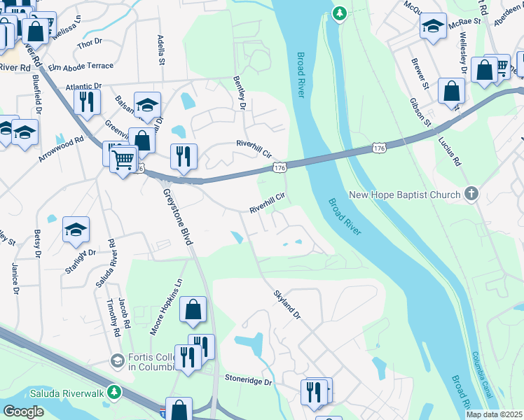 map of restaurants, bars, coffee shops, grocery stores, and more near 1100 Skyland Drive in Columbia