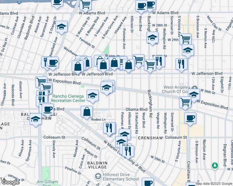 map of restaurants, bars, coffee shops, grocery stores, and more near 3518 Chesapeake Avenue in Los Angeles