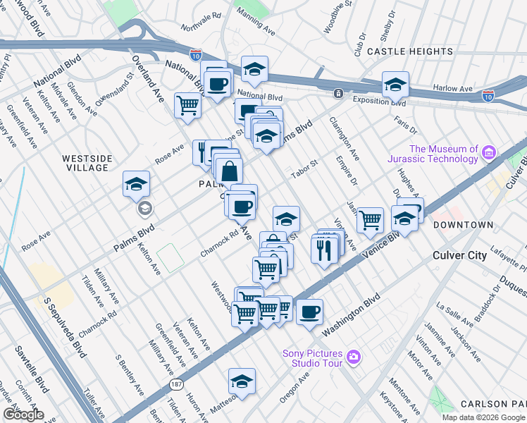 map of restaurants, bars, coffee shops, grocery stores, and more near 3622 Keystone Avenue in Los Angeles