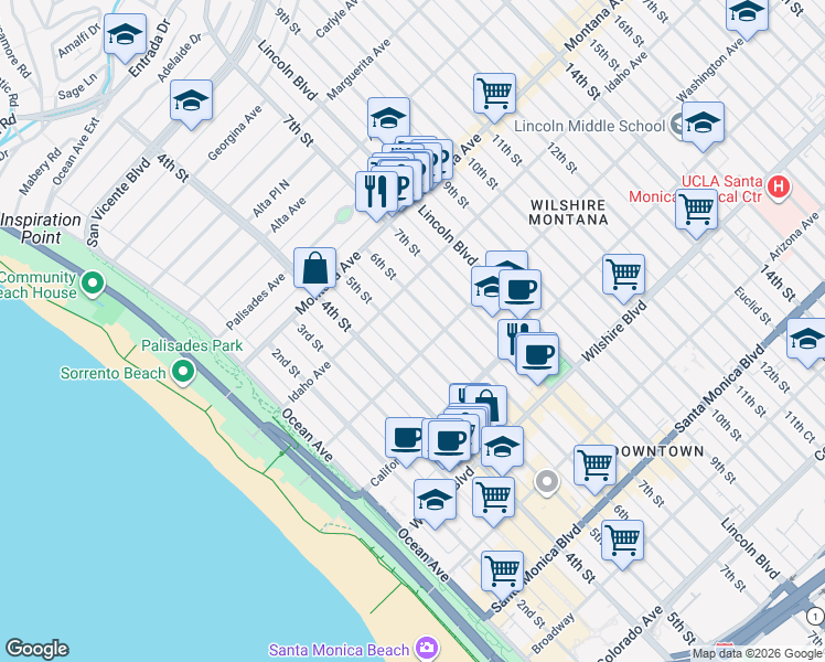 map of restaurants, bars, coffee shops, grocery stores, and more near 937 5th Street in Santa Monica